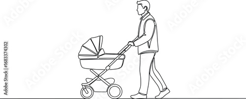 Father pushing a baby carriage on a walk