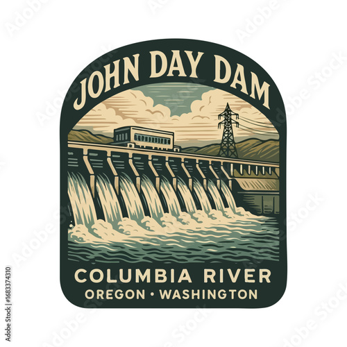 Vintage John Day Dam SVG, USA Dam Retro, Columbia River reserve, vintage USA landscapes