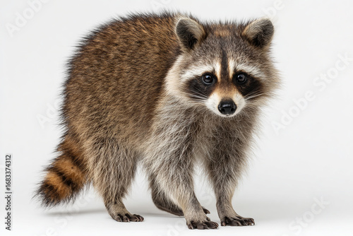 Raccoon standing isolated on white background looking at the camera lens
