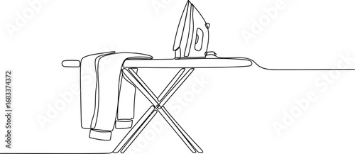 Simple line art of an iron and ironing board with clothes ready for pressing