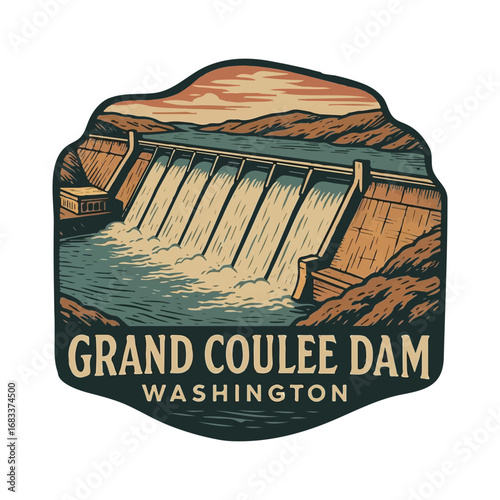 Vintage Grand Coulee Dam SVG, USA Dam Retro, Washington reserve, vintage USA landscapes