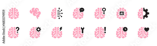 Brain colorful pink icon set. Anatomy, internal organ, intelligence, psychology, mental health, neurons symbol. Vector illustration. Flat design. Editable stroke. Isolated on a white background.