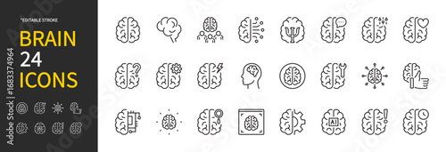 Brain icon set. Anatomy, internal organ, intelligence, psychology, mental health, neurons symbol. Vector illustration. Flat design. Editable stroke. Isolated on a white background.