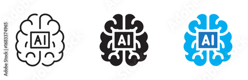 Artificial intelligence AI icons. Brain black and blue icon set. Anatomy, internal organ symbol. Vector illustration. Flat design. Editable stroke. Isolated on a white background.