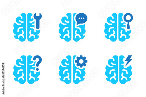 Brain blue icon set. Anatomy, internal organ, intelligence, psychology, mental health, neurons symbol. Vector illustration. Flat design. Editable stroke. Isolated on a white background.