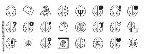Brain icon set. Anatomy, internal organ, intelligence, psychology, mental health, neurons symbol. Vector illustration. Flat design. Editable stroke. Isolated on a white background.