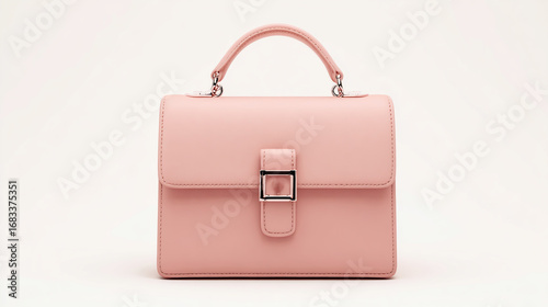 Elegant pink leather handbag with a handle isolated on white background