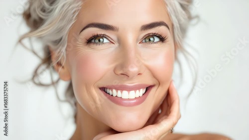 Close up portrait of happy smiling woman with beautiful skin. Healthy aging and skincare routine for mature beauty. Footage.