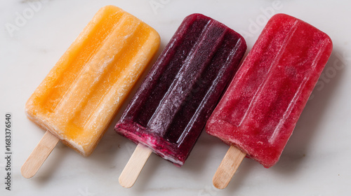 Three colorful fruit popsicles on sticks isolated on white background