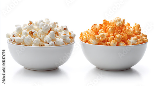 Two bowls of popcorn isolated on white background, one white, one cheese
