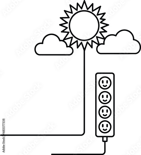 Sun powers multiple outlets on a power strip with smiling faces