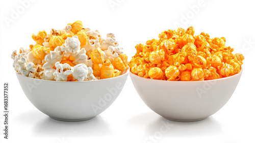 Two bowls of popcorn isolated on white background, one cheese, one caramel