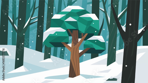 Illustration of Small Tree Between Large Trees in Snow Geometric Style Design Template