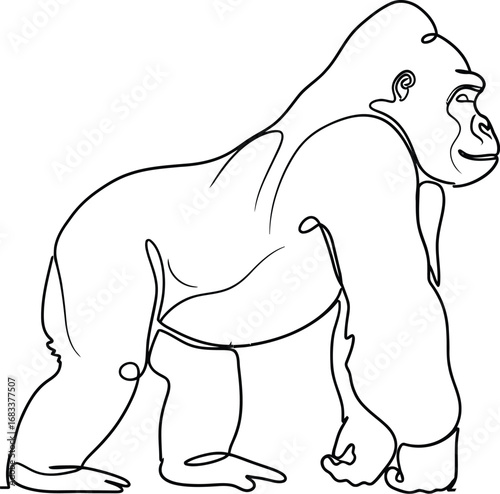 A powerful gorilla depicted in a minimalist continuous line drawing, showcasing its strong physique.