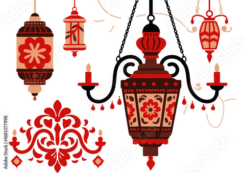 Intricate Ornamental Chandelier and Decorative Lamp Vector Illustration