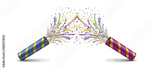 Colorful party poppers exploding with confetti