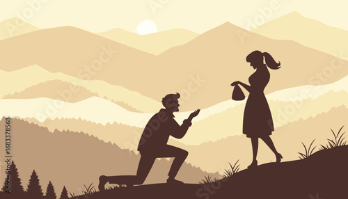 A man proposing to a woman on a mountain top at sunrise, golden sunlight, dreamy cinematic photography."