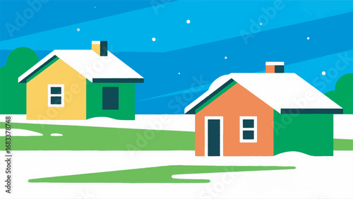 House in the Snow with Winter Background illustration Geometric Design Template