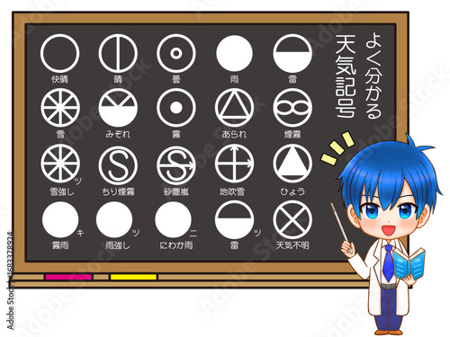 黒板で天気記号の授業をする男の子のイラスト素材