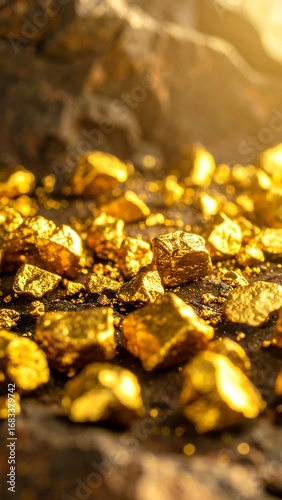 Golden nuggets scattered on a dark surface, bathed in sunlight