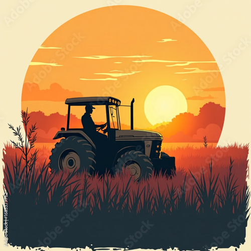 Golden Hour Harvest: A lone farmer drives a robust tractor through a field as the sun casts its warm glow, evoking the essence of rural life and the hard work of the harvest season.