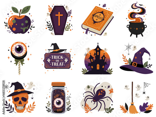 Vintage Halloween vector illustration set with purple orange spooky witchcraft elements isolated on white