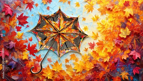Vibrant Autumn Umbrella Amidst Falling Leaves