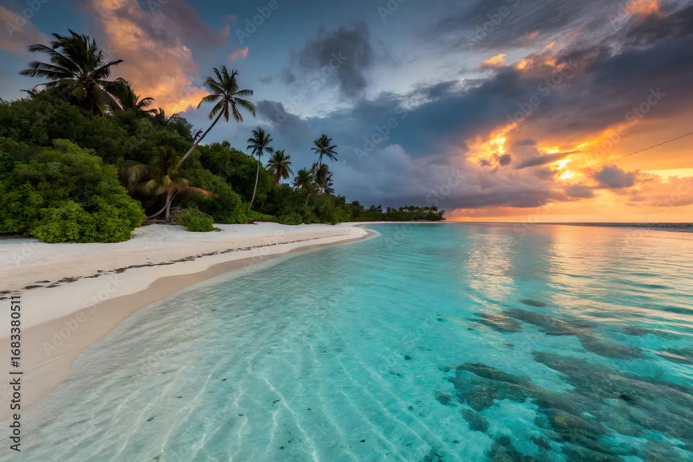 Fototapeta premium Tropical beach paradise at sunset with vibrant colorful sky and turquoise water