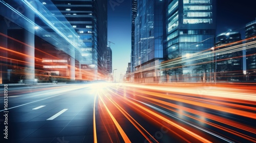 Light trails on the modern building background. Light trails at night in urban environment, Abstract Motion Blur City, traffic, transportation, street, road, speed