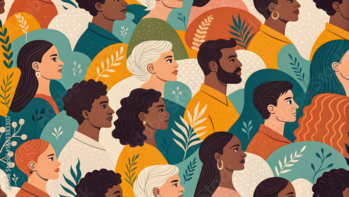 A diverse crowd of people from different backgrounds, ethnicities, and ages standing together in unity, depicted in a stylized illustration.