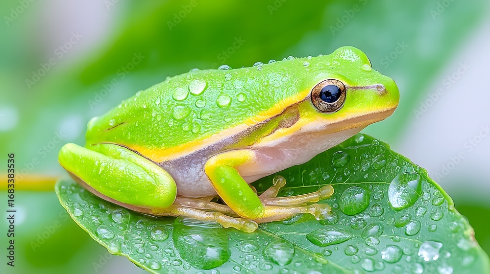 Naklejka premium Close-Up of a Vibrant Green Frog on a Leaf with Water Droplets