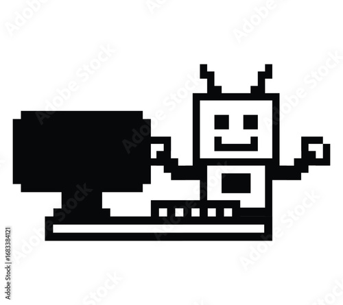 Cute pixel art cartoon robot or AI learn or learning skill with for education calculate bot vector character technology 8bit.
