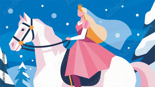 Princess Riding a Horse at Night with Snowy Background and Geometric Style Flat Design