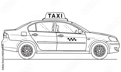 Black and white outline drawing of a taxi car with roof sign and checkered emblem