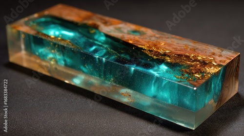 Teal resin block with golden wood grain