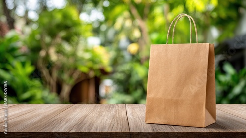 Recycled shopping bag on wooden table