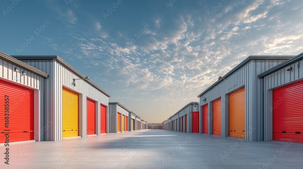 Fototapeta premium Compact metal self-storage units with an industrial warehouse exterior, resembling modern rental garages. 