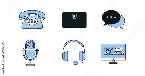 Light blue communication icons on black background
