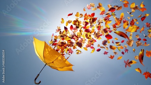 Yellow umbrella scattering colorful autumn leaves against sky