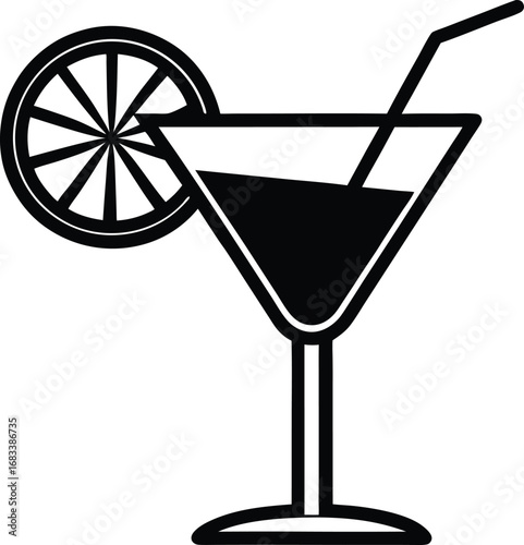 Classic Cocktail Glass with Lemon Slice and Straw