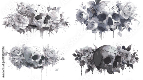 Watercolor skull and roses illustration in monochrome style, blending gothic, floral, and artistic elements with dramatic hand-painted detail.