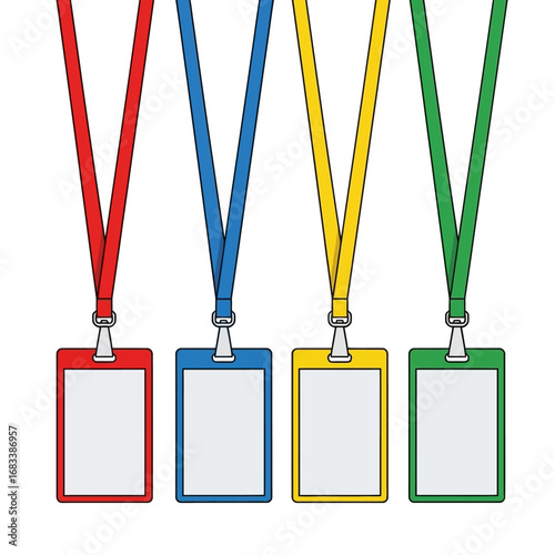 Set of colorful lanyards with blank vertical plastic ID card holders for business events and corporate access