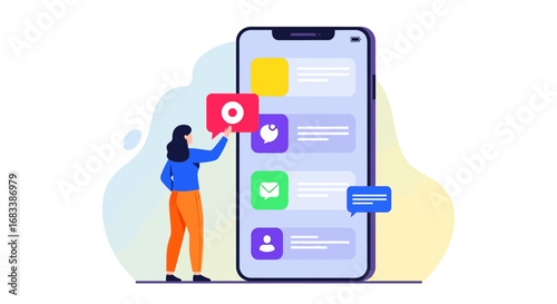 Mobile Messaging Illustration Woman Interacting with App Notifications