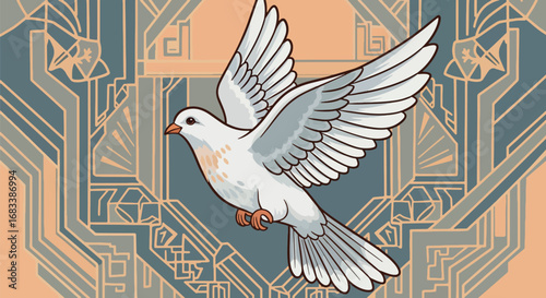 A majestic Streamline Moderne dove in powerful, upward flight, with wings gracefully outstretched against a dramatic, stylized Art Deco urban backdrop