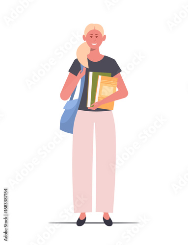 Smiling schoolgirl with blonde hair and a blue backpack, holding textbooks and ready to start her school day. Perfect for parenting, childhood, education themes. Vector Not AI generate