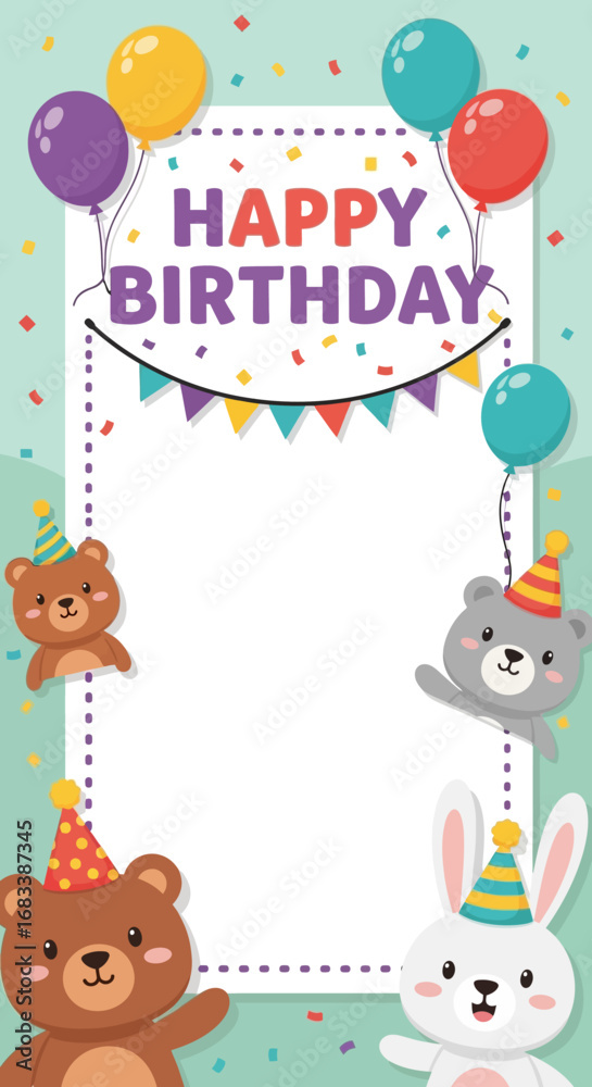 Naklejka premium Adorable Animals Celebrate Birthday Customizable Card
