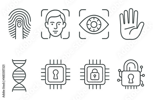 Biometric security icons featuring facial recognition and fingerprint technology
