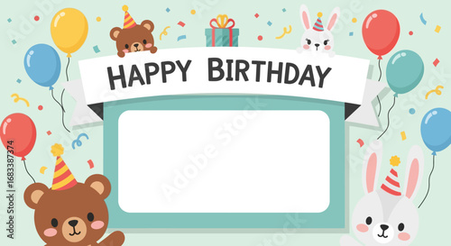 Happy Birthday banner with cute bear and bunny illustrations and confetti