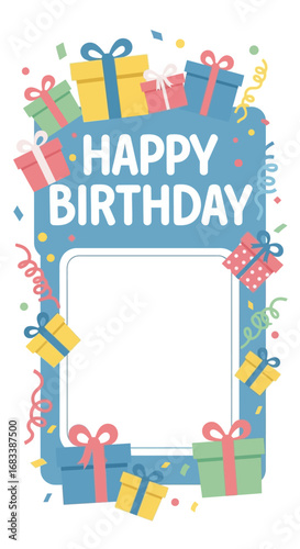 Illustrated social media story frame for a birthday celebration with colorful presents and confetti decorations