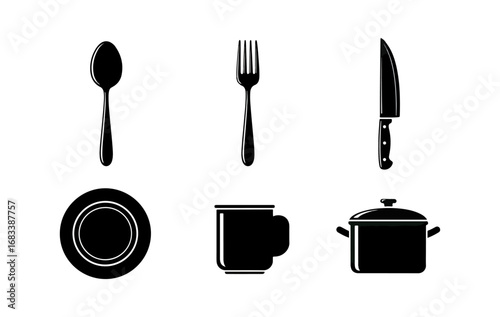 Black and white kitchen utensils illustration